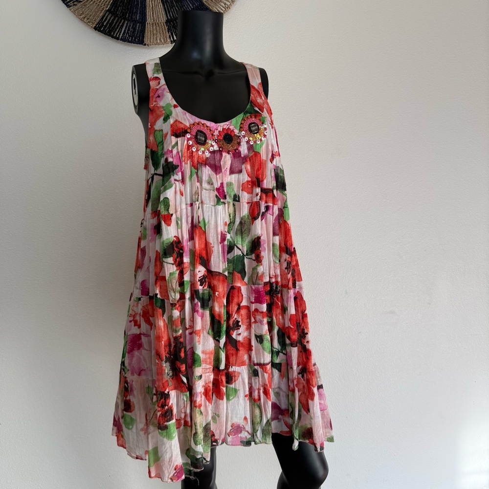 Embellished Floral Tiered Mini Dress - Pink & Green - Picture 5 of 14